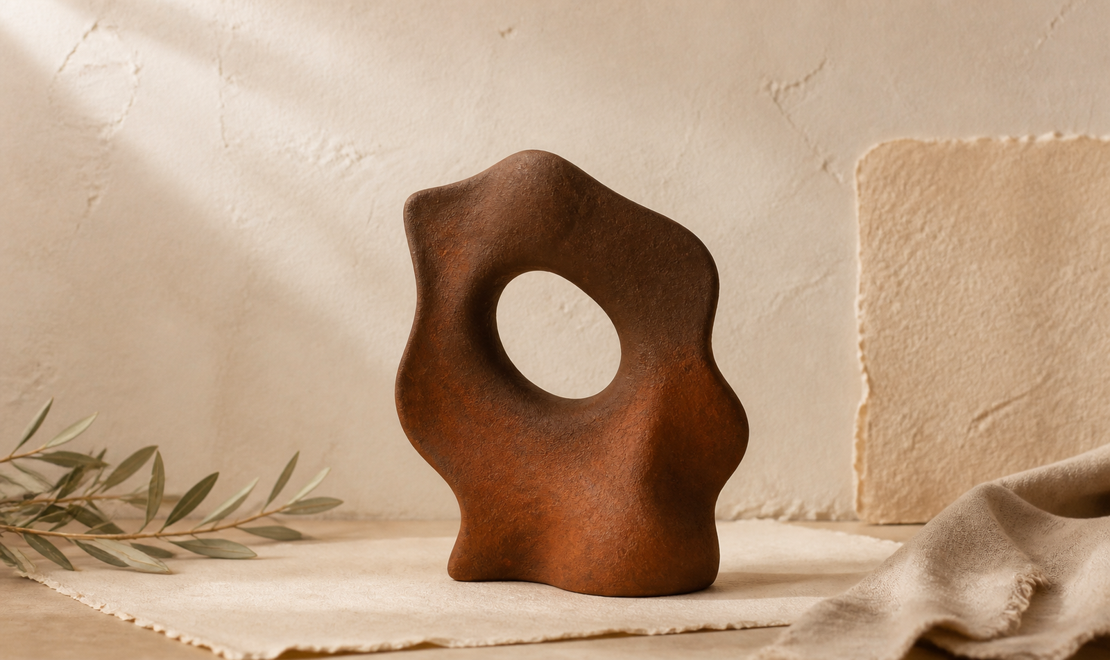 Escultura cerâmica abstrata em barro café e sienna