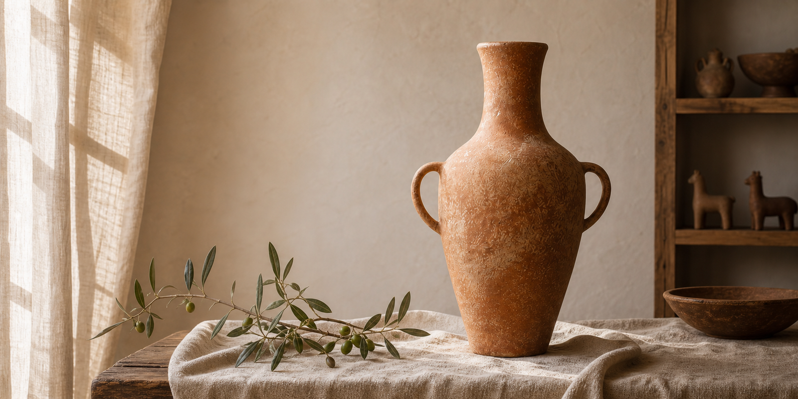 Vaso ânfora de barro terracota com ramo de oliva