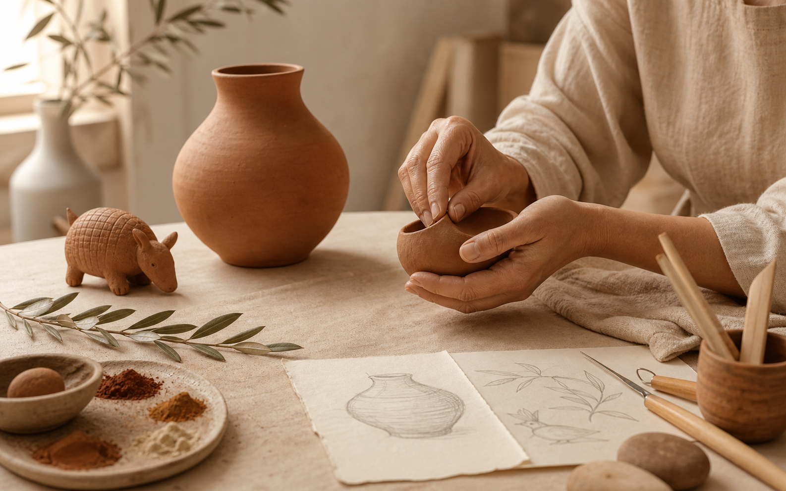 Mesa de ateliê com vaso, animal de barro, ferramentas e esboços para encomenda personalizada