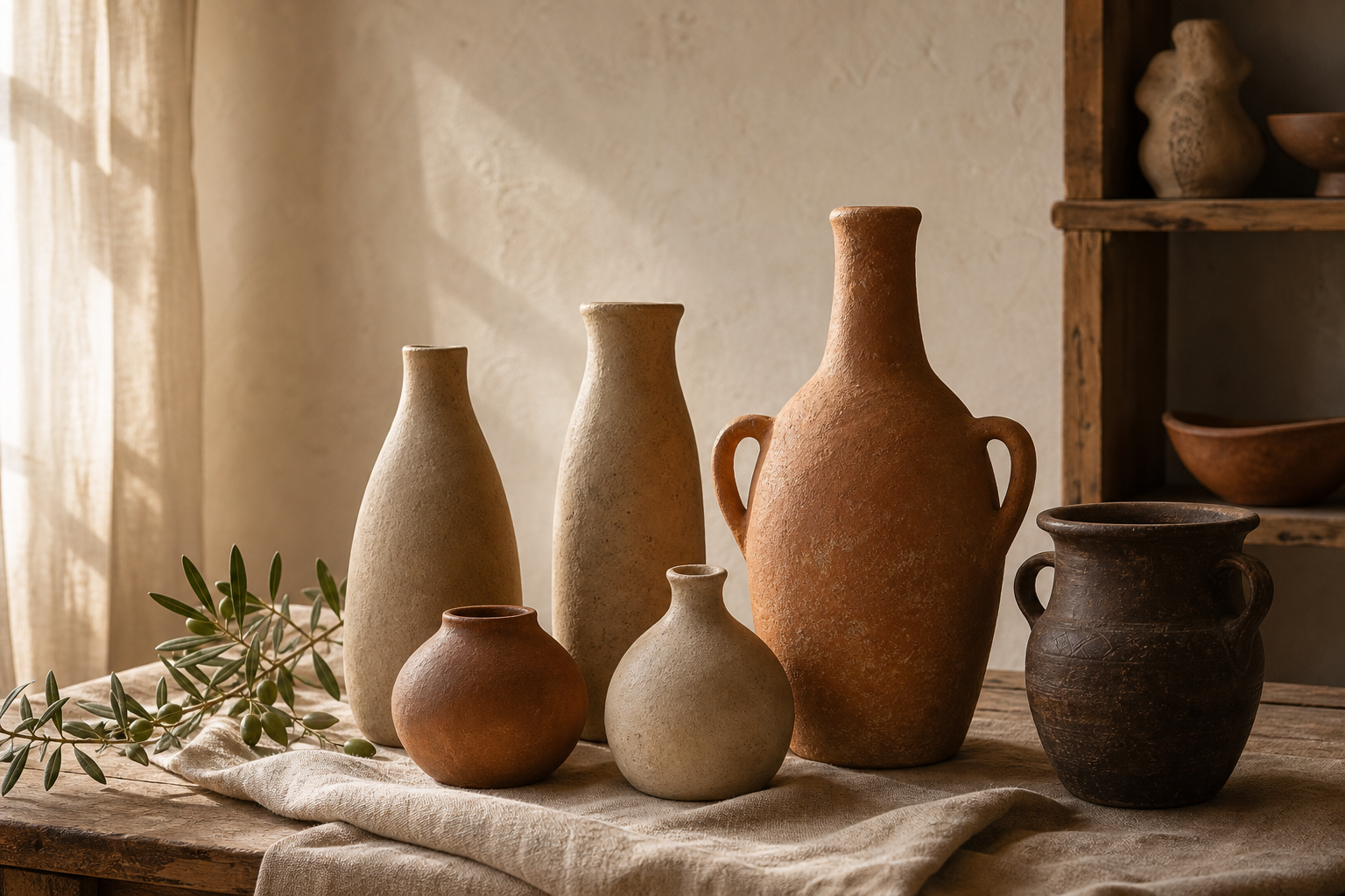 Conjunto de vasos de barro artesanais em tons terrosos