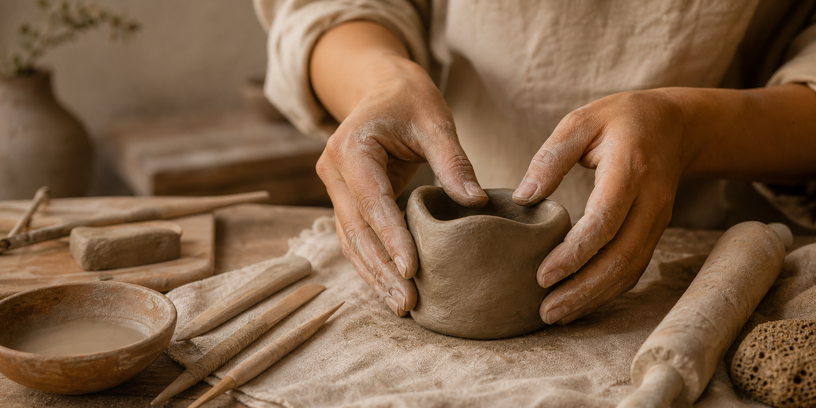 Mãos modelando barro úmido em uma bancada artesanal